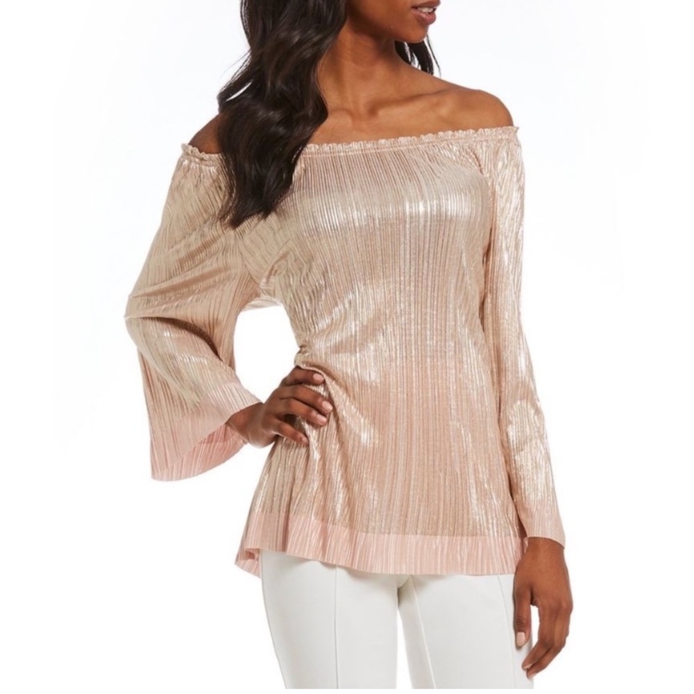 4/$10 item🤑 Ruby Rd 3/4 Sleeve Foil Crystal Pleated Tricot Off the Shoulder PL